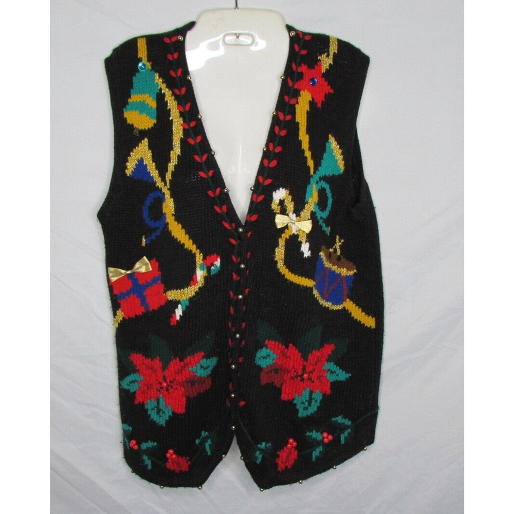 Spice of Life Holiday Knit Sweater Vest Embellished Ramie Blend Poinsettia Sz M